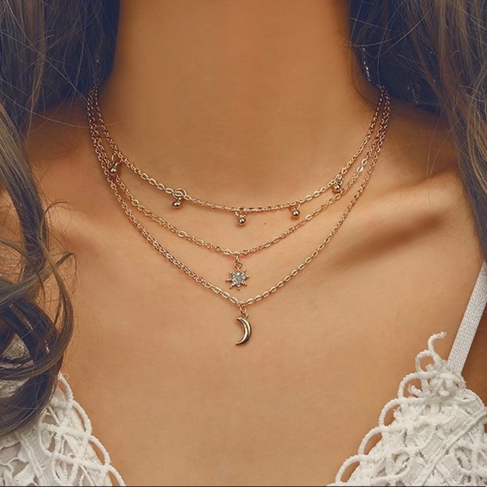 Gold Tone Moon And Star Layered Necklace